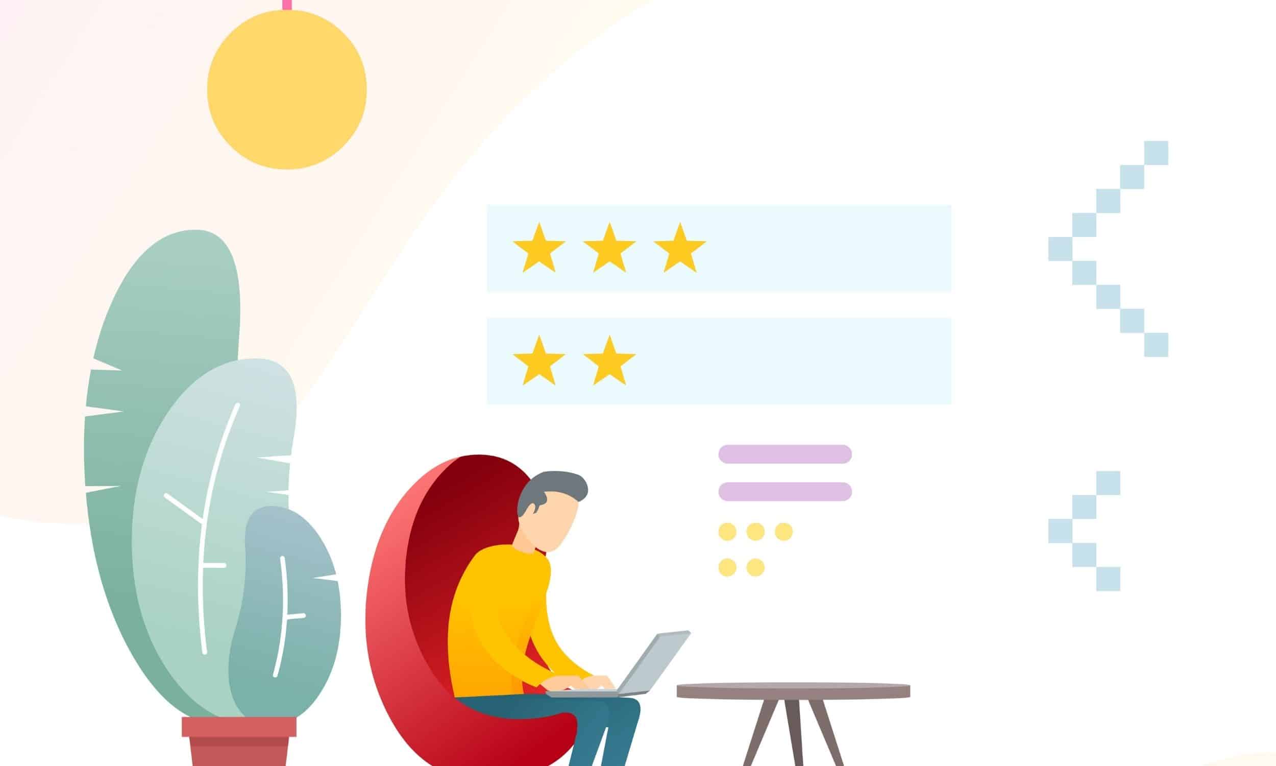 an illustration of a man responding to multiple reviews on a laptop