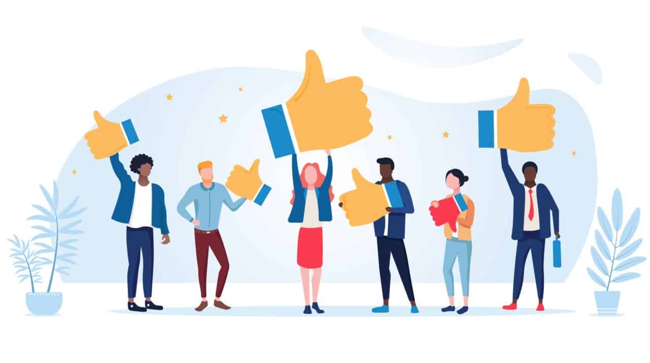 Illustration of happy fans giving online reviews and customer feedback