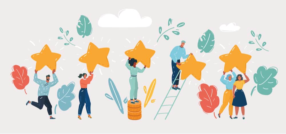 An illustration of people raising 5 star signs