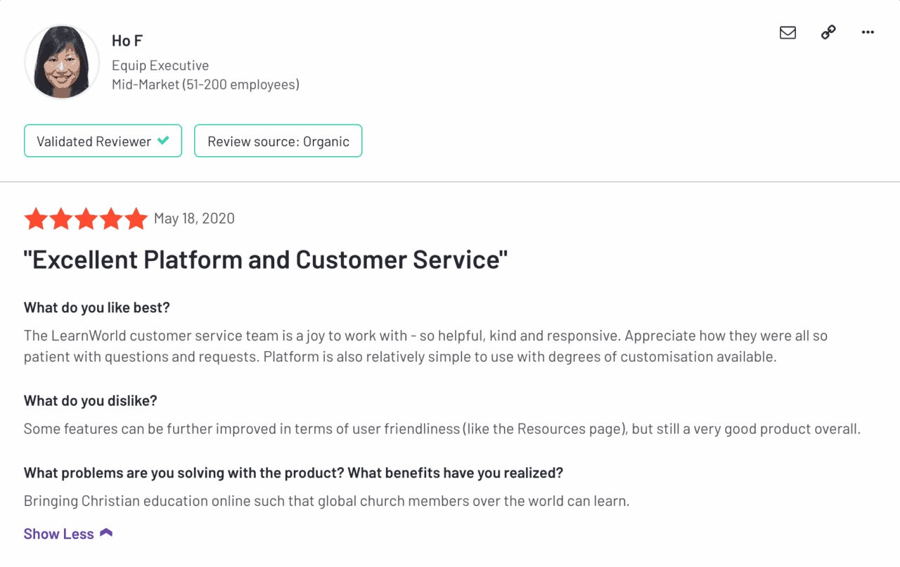 an image of a learnworlds review on g2