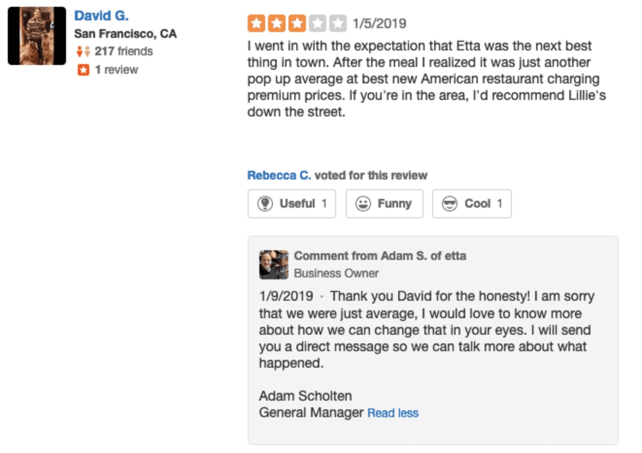 example of a review response on yelp